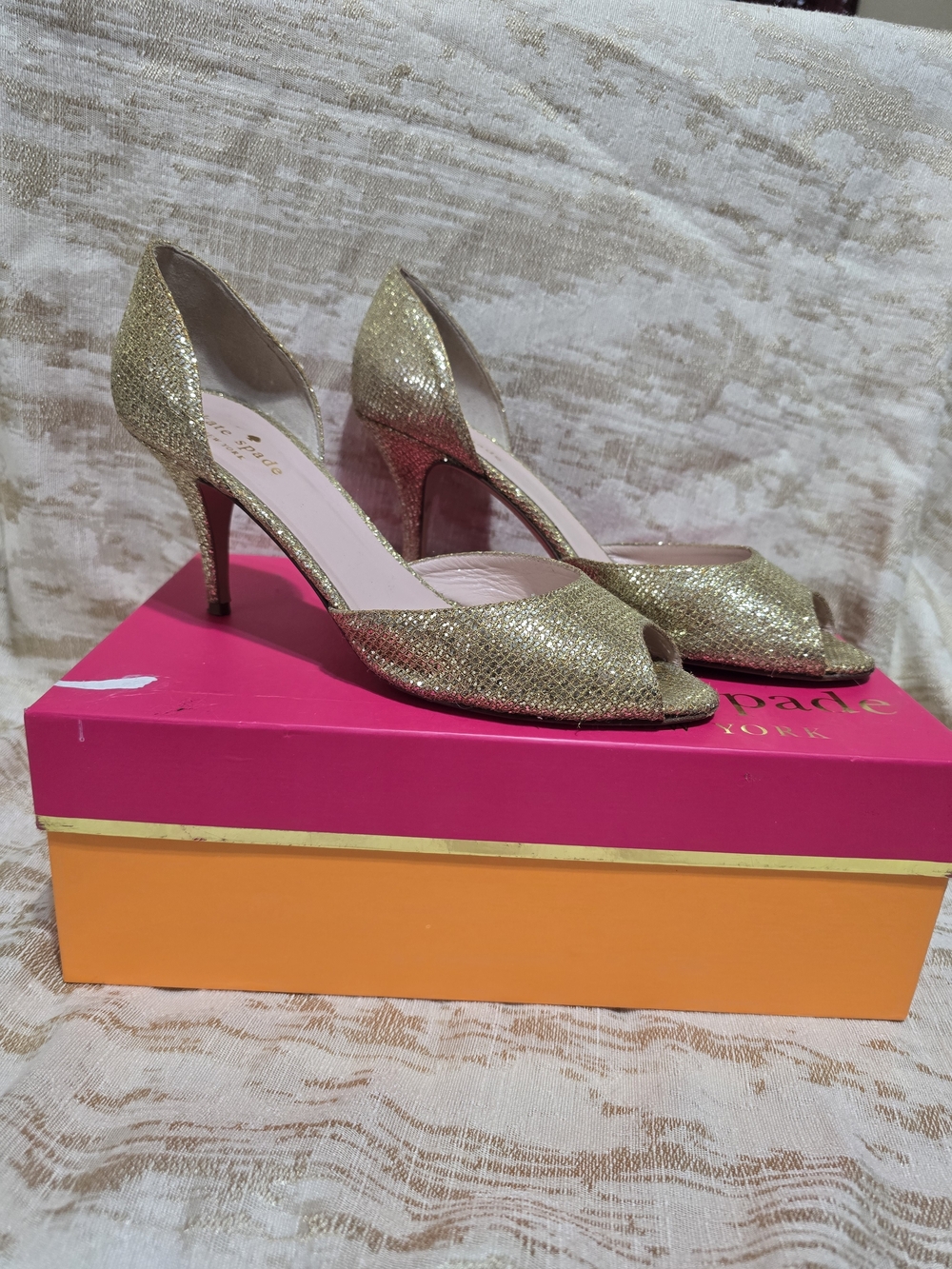 kate spade Gold Glitter D'Orsay Peep-Toe Heels Sz 8.5